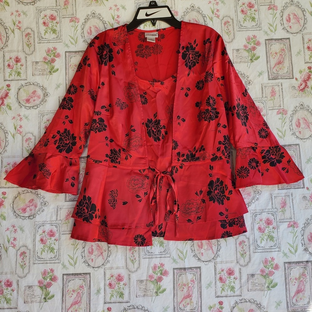 VTG Kim Rogers Red Black Floral Oriental Kimono Tie Front Blouse Top Women's S